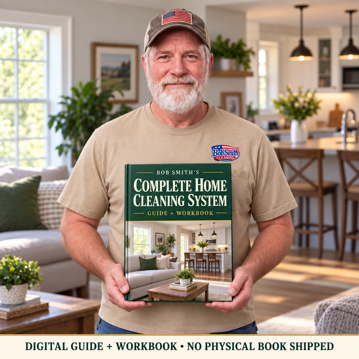 Bob holding a physical mockup of the digital Complete Home Cleaning System