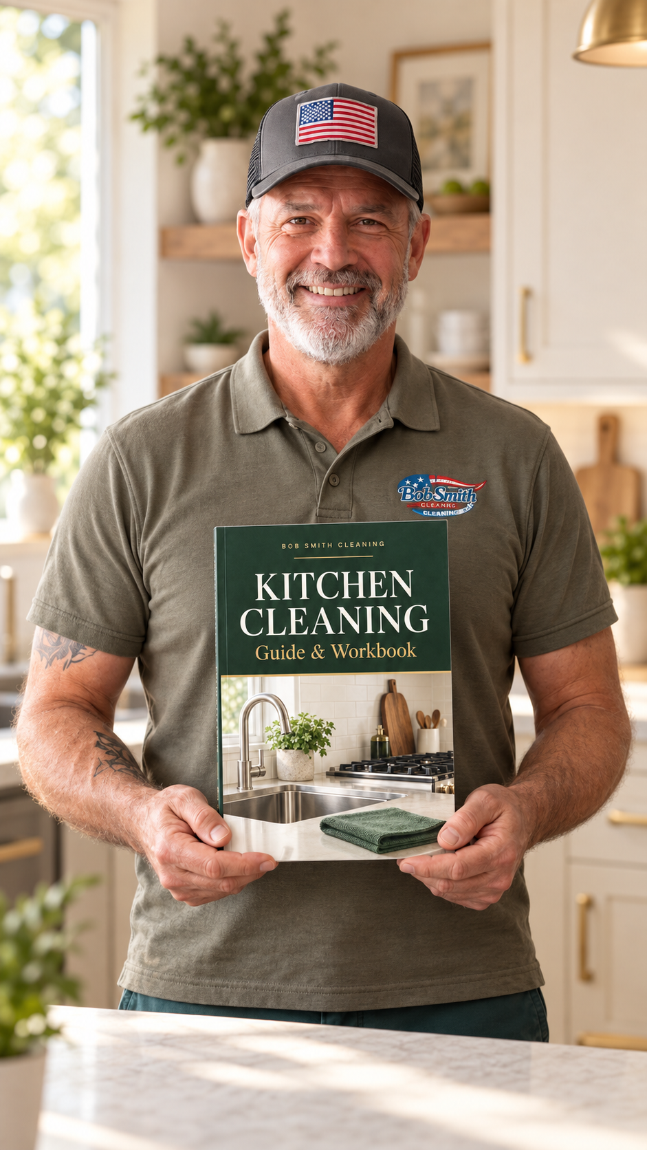 Illustrative image of Bob Smith holding a physical mockup of the digital Kitchen Cleaning Guide