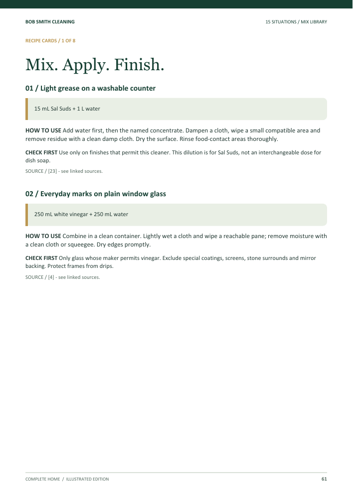 Actual guide page with two situation-specific mix cards