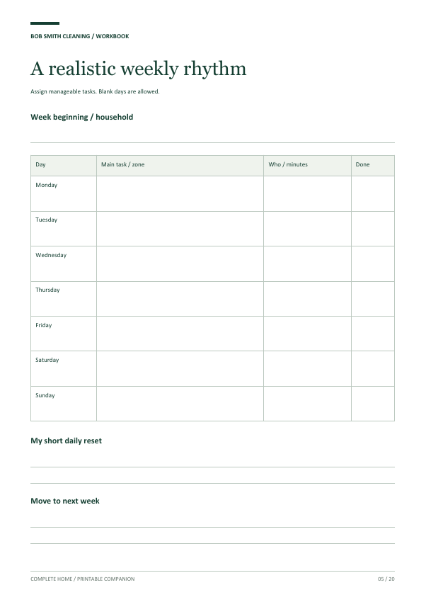 Actual workbook weekly planner