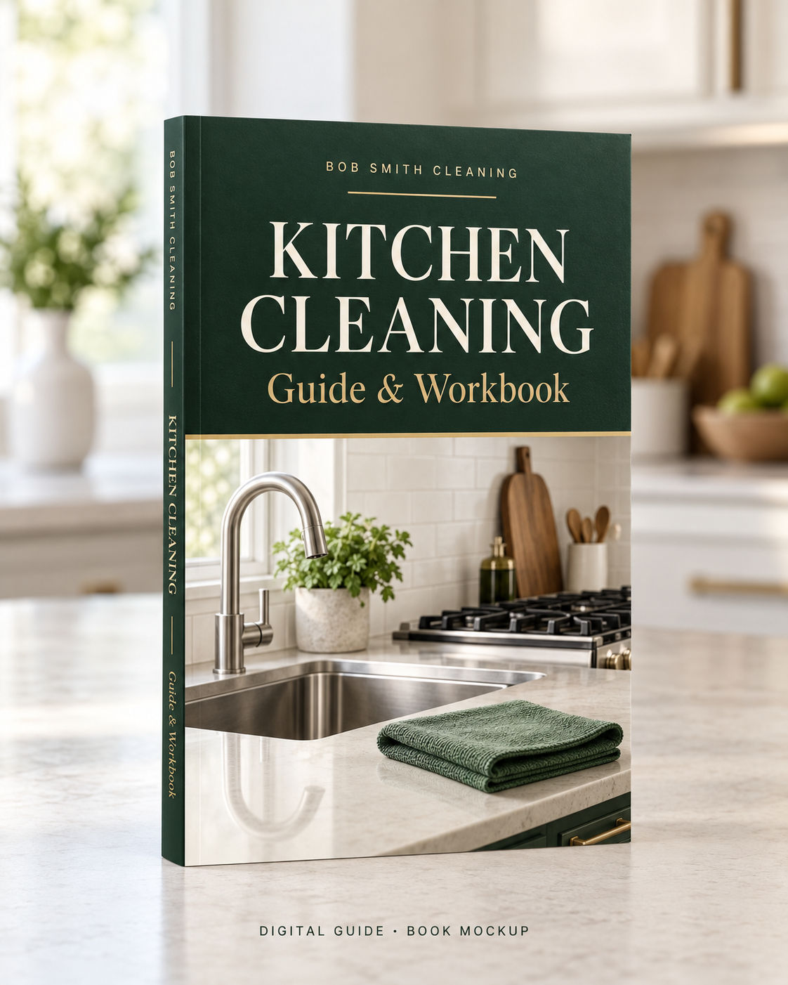 Illustrative physical-book mockup of the digital Kitchen Cleaning Guide