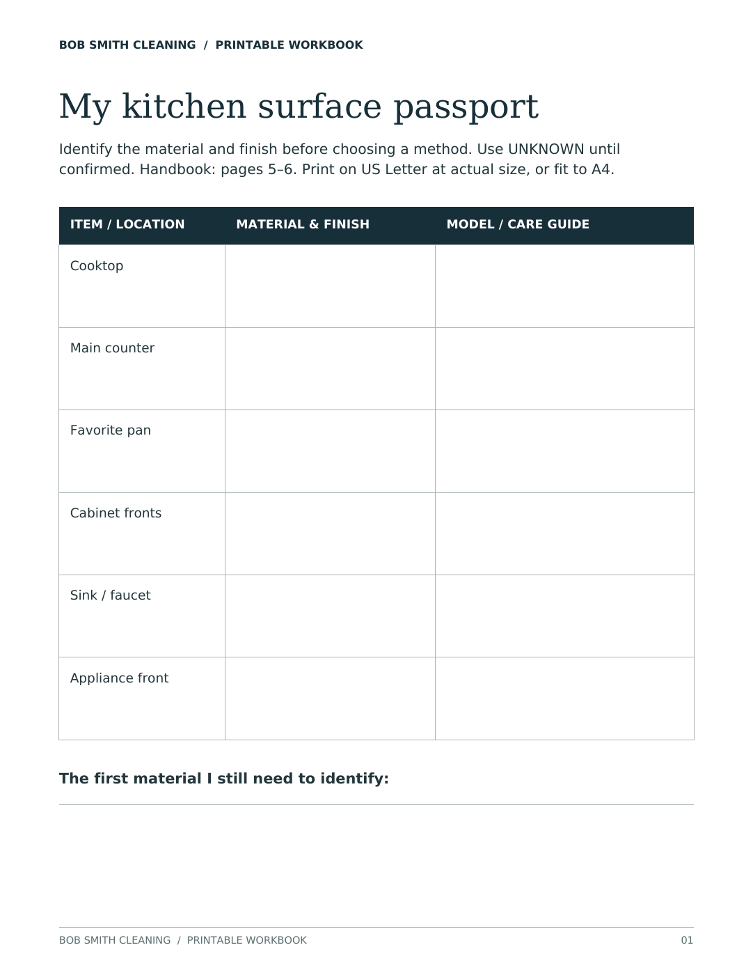 Printable kitchen surface passport worksheet