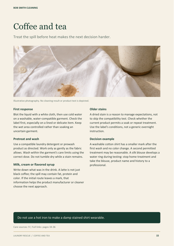 Actual Laundry Rescue page about coffee and tea stains