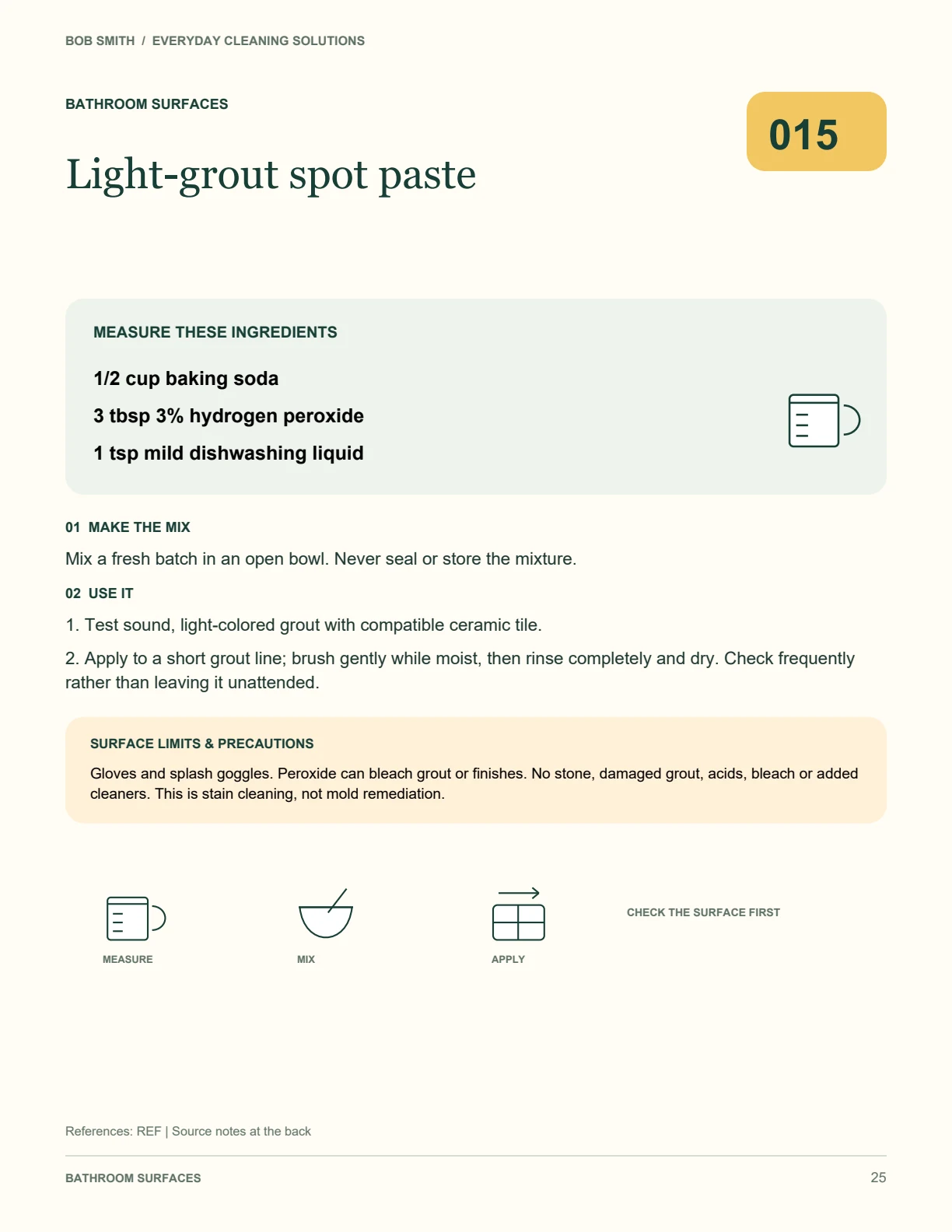 Recipe 015 from the updated guide: measured ingredients for light-grout spot paste, preparation, use and restrictions