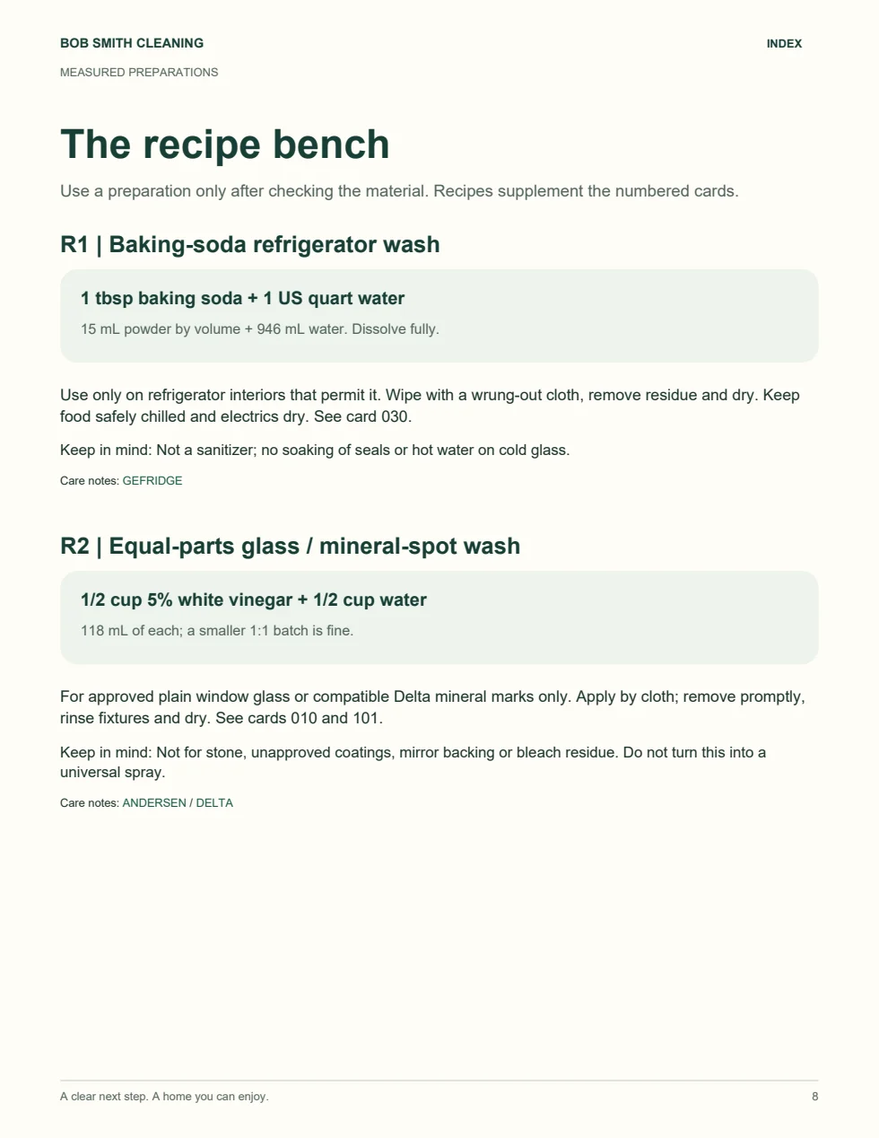 Actual guide page: measured preparations and limitations